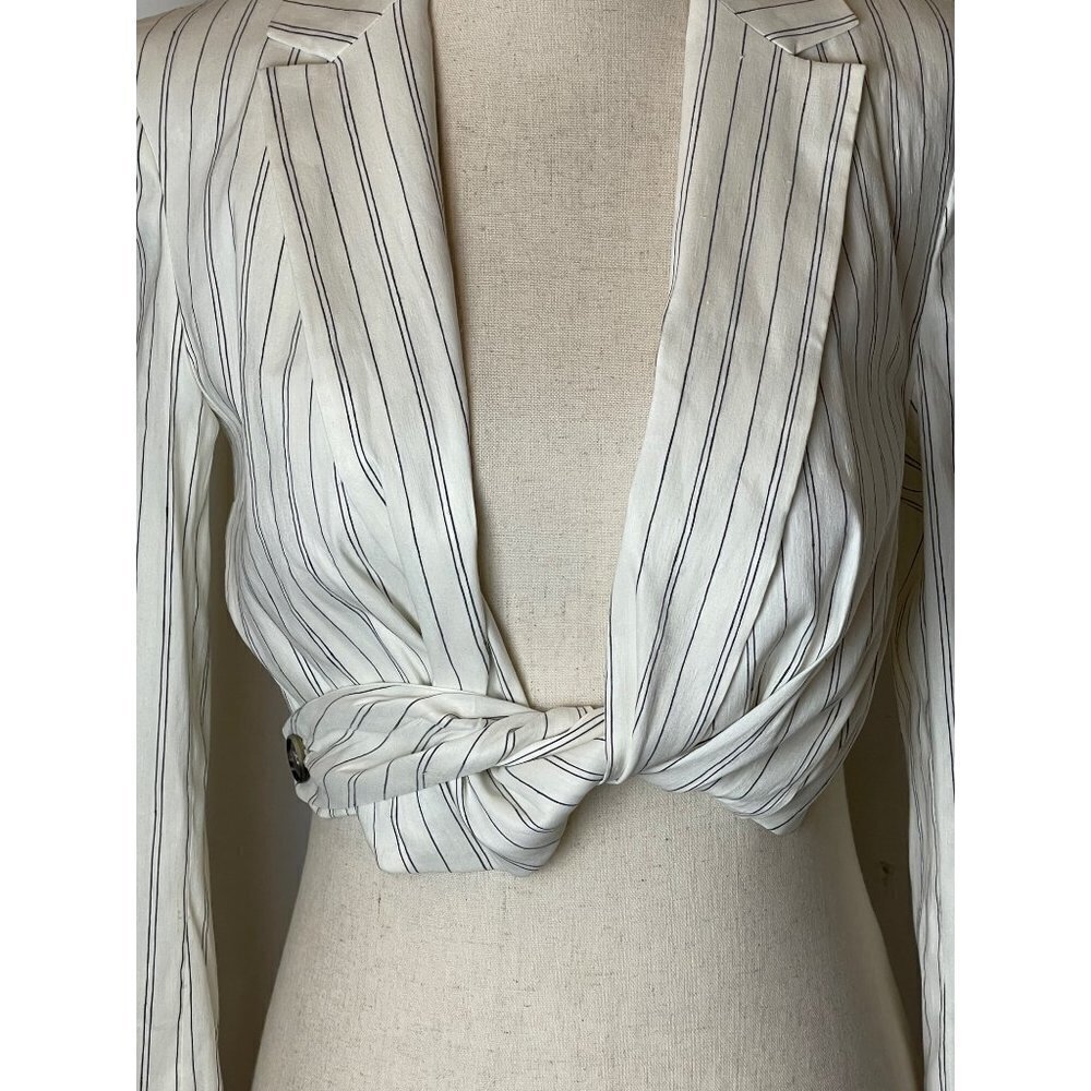 Zara White Pinstripe Cropped Knot Blazer - Picture 7 of 13
